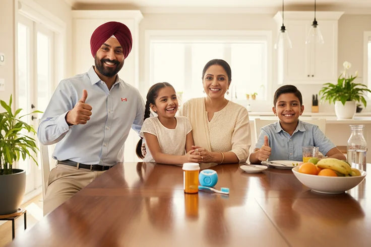 A Punjabi family sitting at a kitchen table with a prescription bottle, toothbrush, and dental floss